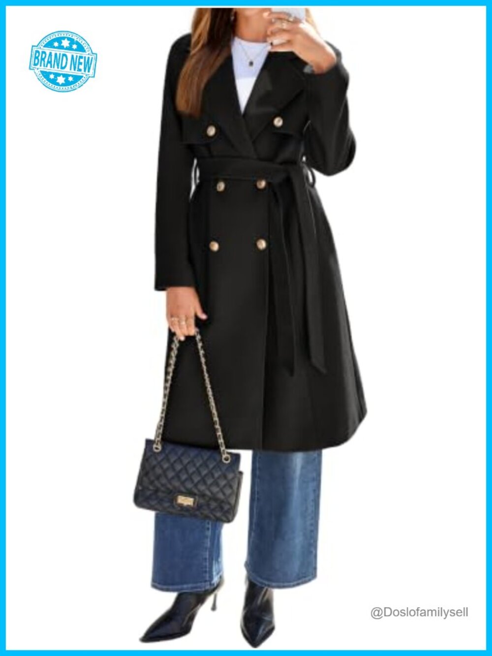 Simplee Womens Double Breasted Belted Long Winter Coat Office Jacket
